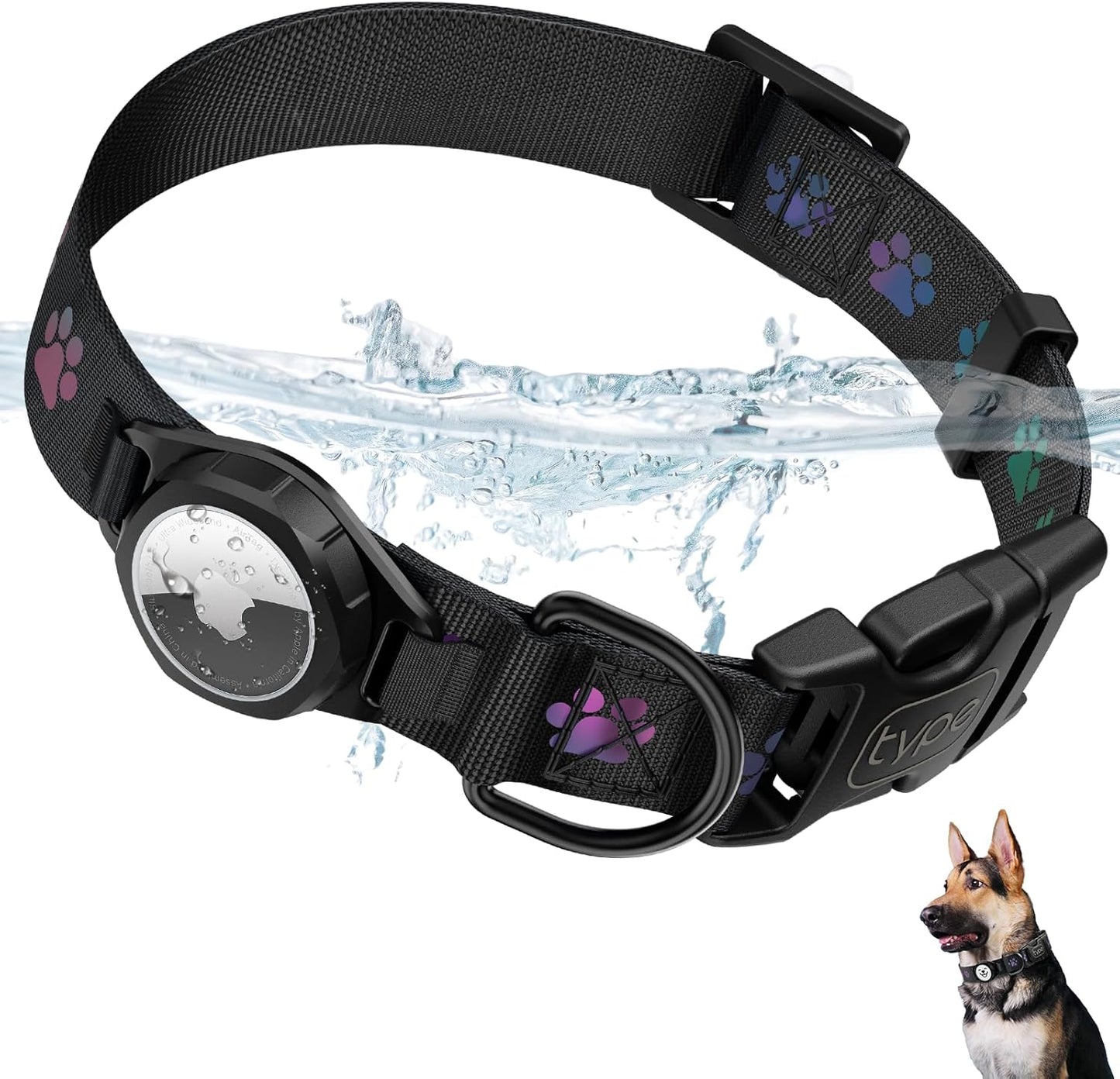 Dog Collar with Airtag Holder, IP67 Waterproof Reflective Airtag Dog Collars for Medium & Large Dogs, Adjustable Pet Collar with Twist-Lock Holder & Green Glow for Night (M, 11.8"-15.9", Black)