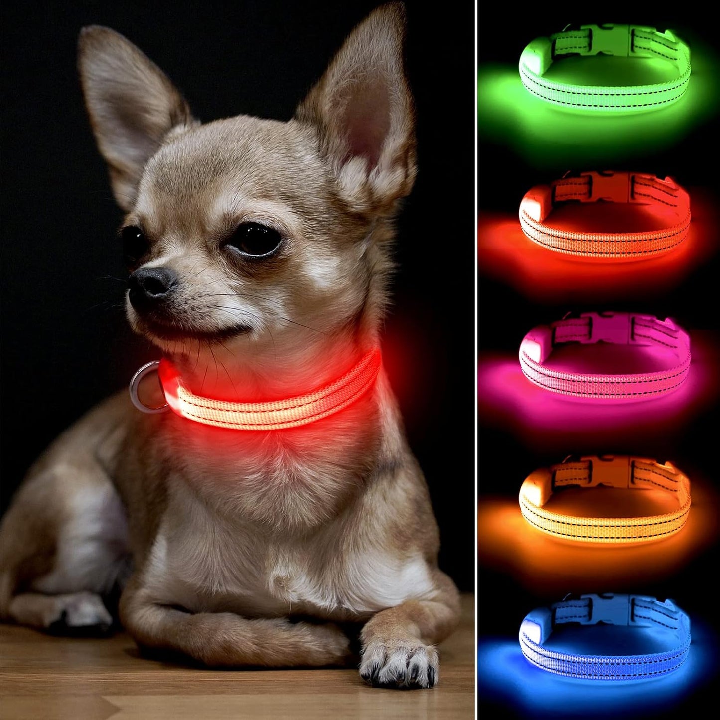 Adjustable LED Dog & Cat Collar - Rechargeable, Small Breeds, Green, 8.5-11.8 Inches, Nylon, Lightweight, Reflective, 2 Flash Modes