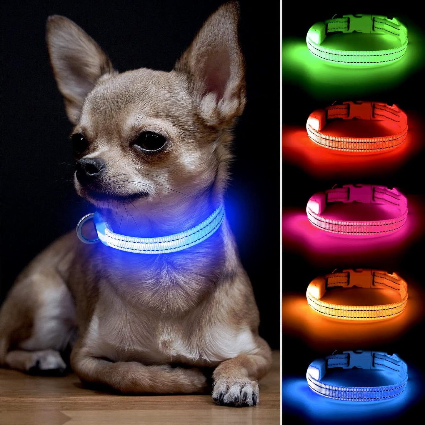 Adjustable LED Dog & Cat Collar - Rechargeable, Small Breeds, Green, 8.5-11.8 Inches, Nylon, Lightweight, Reflective, 2 Flash Modes