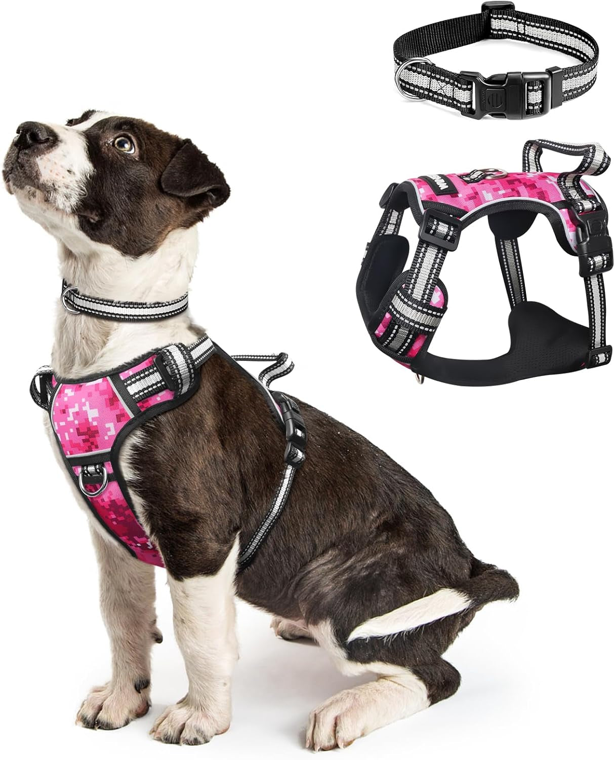 Dog Harness No Pull, Pet Harnesses with Dog Collar, Adjustable Reflective Oxford Outdoor Vest, Front/Back Leash Clips for Small, Medium, Large, Extra Large Dogs, Easy Control Handle for Walking