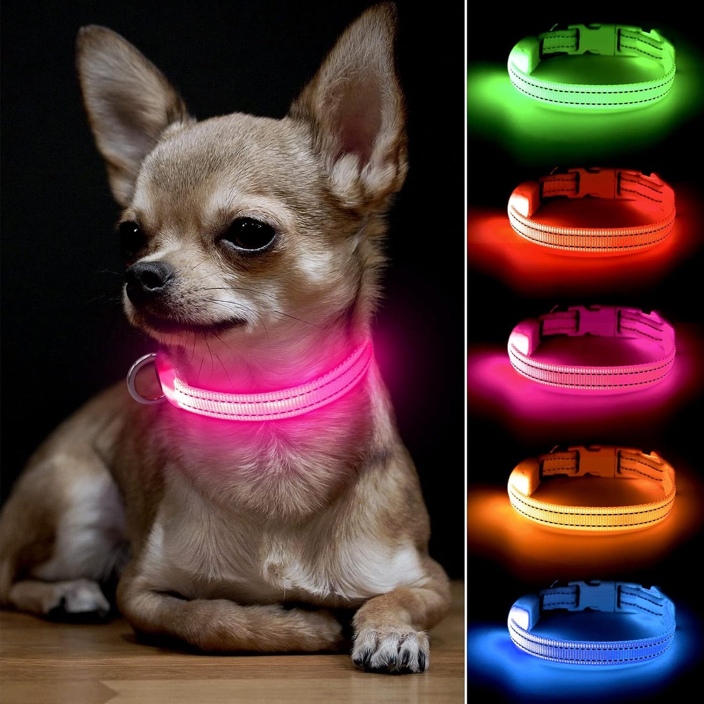 Adjustable LED Dog & Cat Collar - Rechargeable, Small Breeds, Green, 8.5-11.8 Inches, Nylon, Lightweight, Reflective, 2 Flash Modes