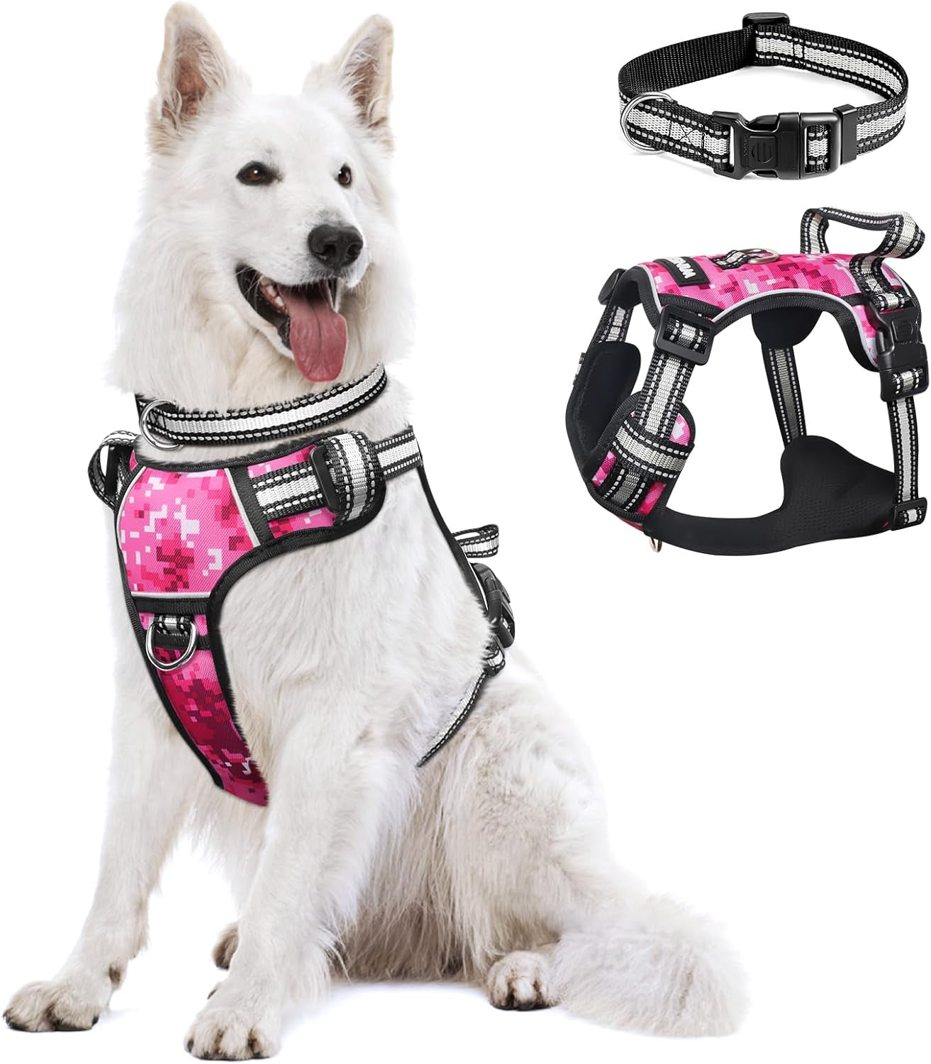 Dog Harness No Pull, Pet Harnesses with Dog Collar, Adjustable Reflective Oxford Outdoor Vest, Front/Back Leash Clips for Small, Medium, Large, Extra Large Dogs, Easy Control Handle for Walking